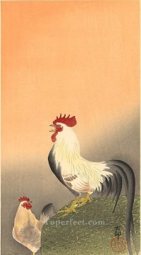 Fowl Painting - rooster and hen at sunrise Ohara Koson fowl